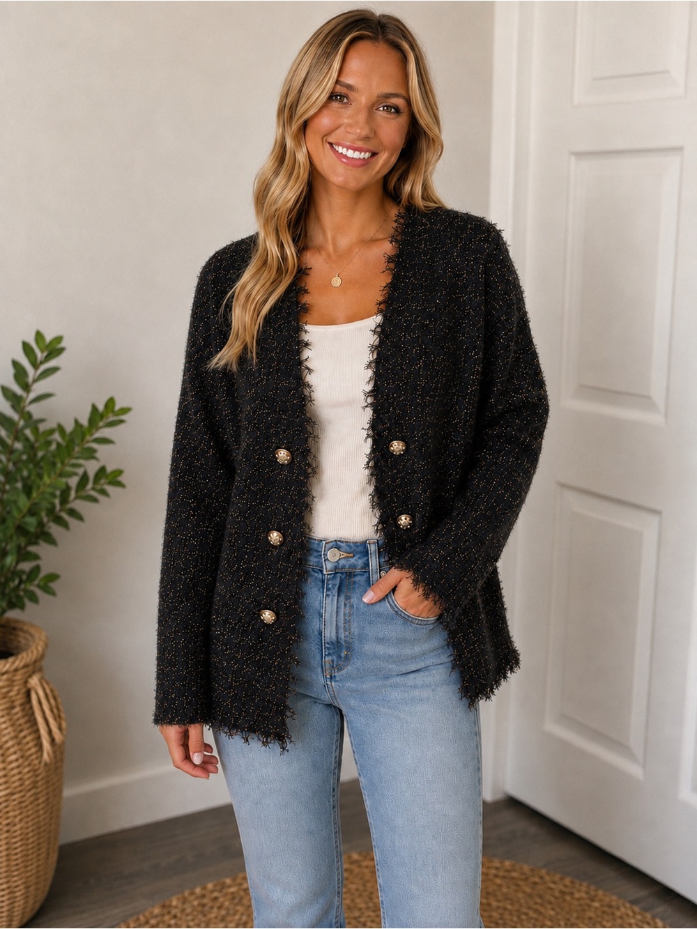 Vocal Black Fringe-Trim Button-Front Cardigan with Gold Buttons